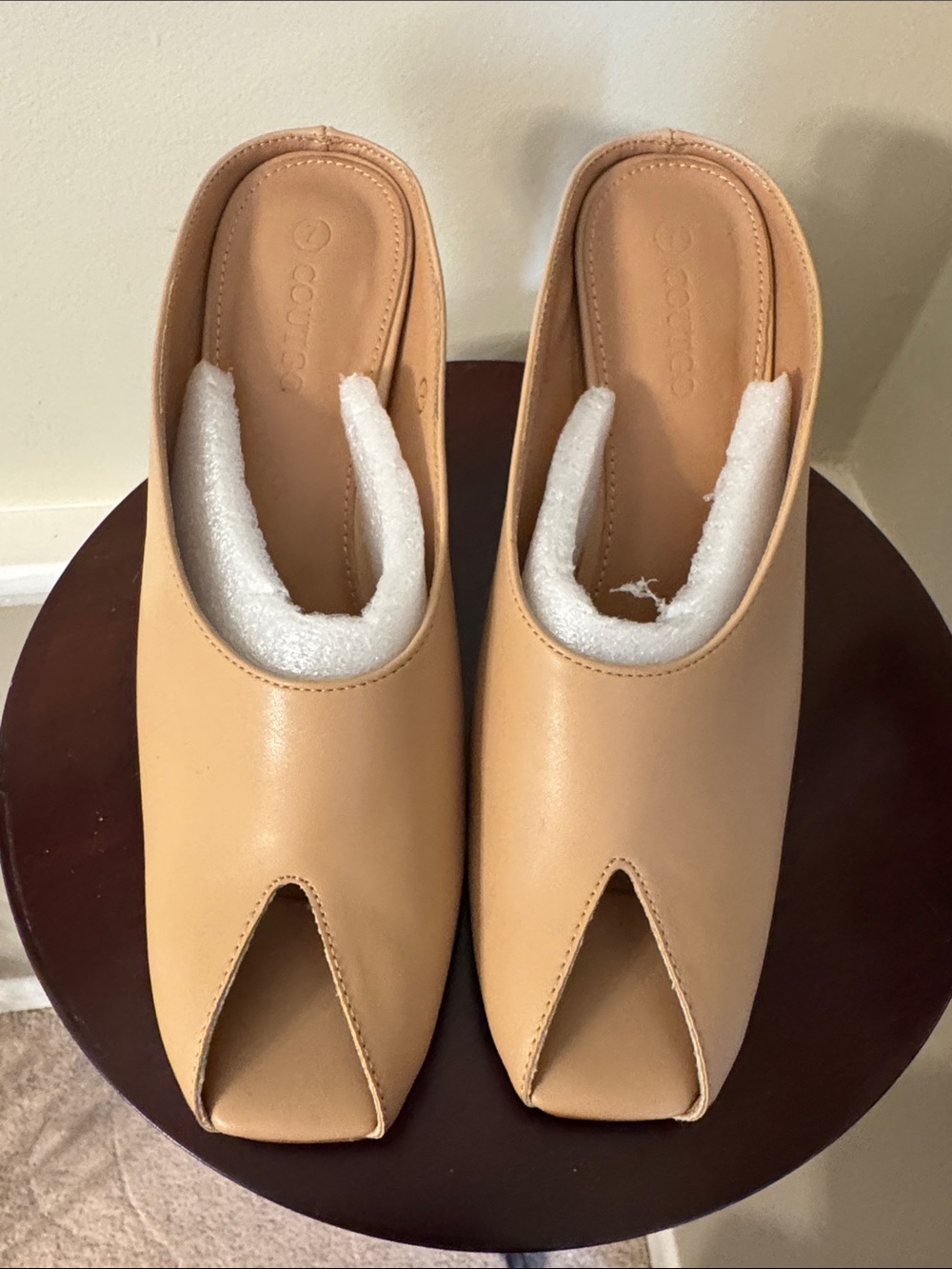 Women's Tan Open-Toe Mule Heels by Coutgo
